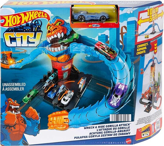 Hot Wheels City Gas Station - Attack on the Gorilla with Gary the Gorilla Figure, 1 Vehicle Included, Collectable, Children's Toy, 4-8 Years, HDR30