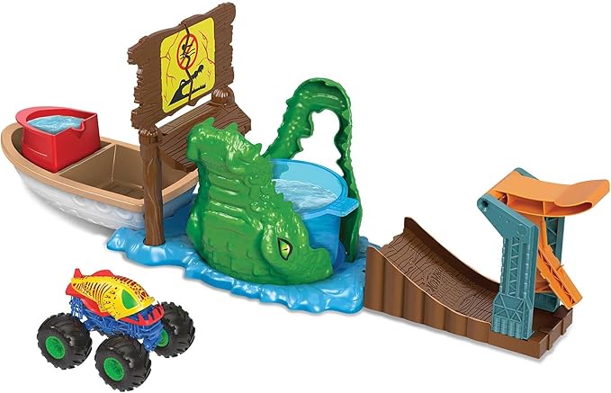 Hot Wheels Monster Trucks Attack on the Croco Set with 1 Monster Truck Color Shifters, Water Game, Children's Toy, Ages 4 and Above, HGV14
