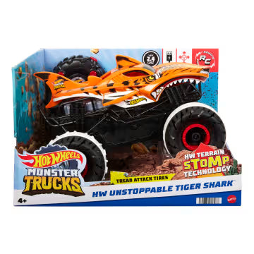 Hot Wheels Monster Trucks, Remote Control Car, 1:15 Scale Tiger Shark RC With All-Terrain Wheels