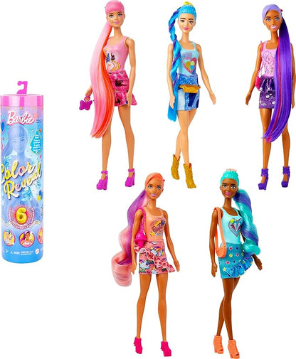 Barbie Color Reveal Totally Denim Doll with 6 Surprises to Discover, Patchwork Print and Colour Change, Children's Toy, From 3 Years, HJX55