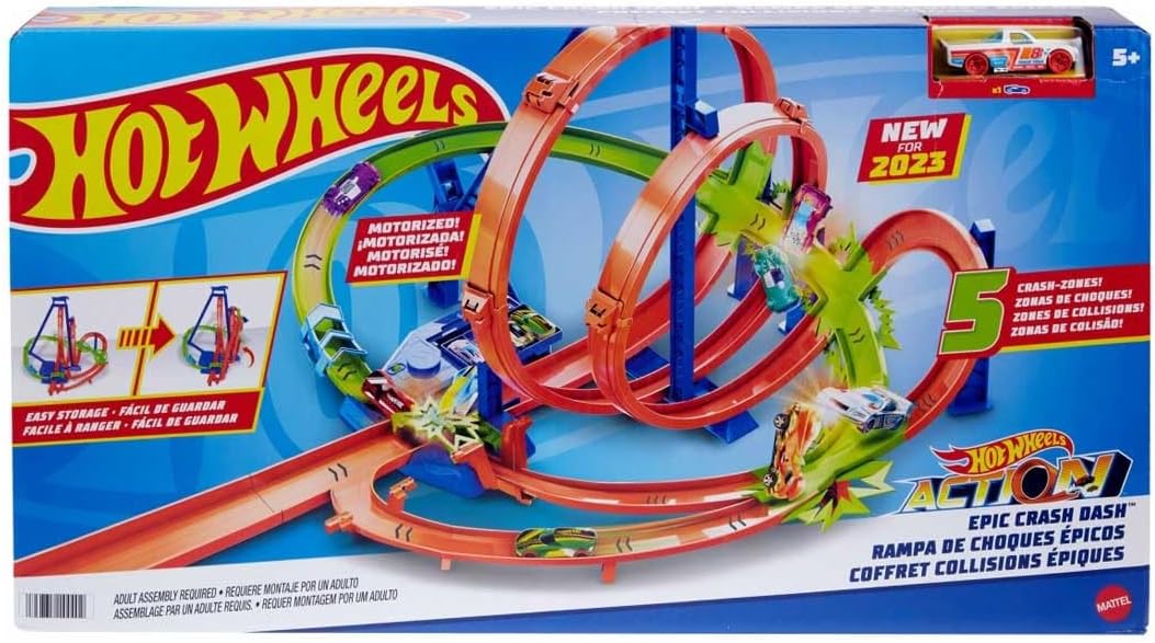 "Hot Wheels Epic Crash Dash Track Set with 5 Crash Zones, Motorized Booster & 1 Hot Wheels 1:64 Scale Car, Easy Storage – Ages 4+  "