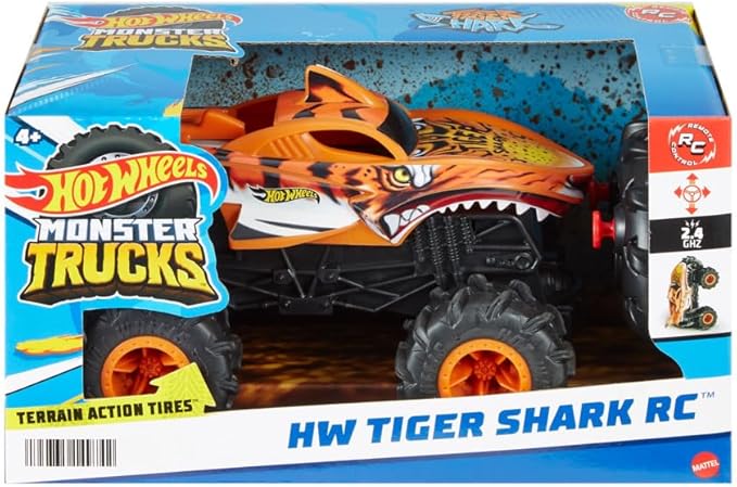 Hot Wheels HW Tiger Shark RC Monster Trucks 1:24 Scale Remote Controlled Toy Truck with Off-Road Function and Terrain Action Tires Tyres