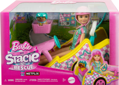 Barbie Stacie Doll with Go-Kart Car, Rolling Wheels, Dog & Accessories – 9-Piece Set for Ages 3+