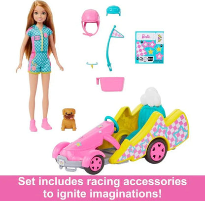 Barbie Stacie Doll with Go-Kart Car, Rolling Wheels, Dog & Accessories – 9-Piece Set for Ages 3+