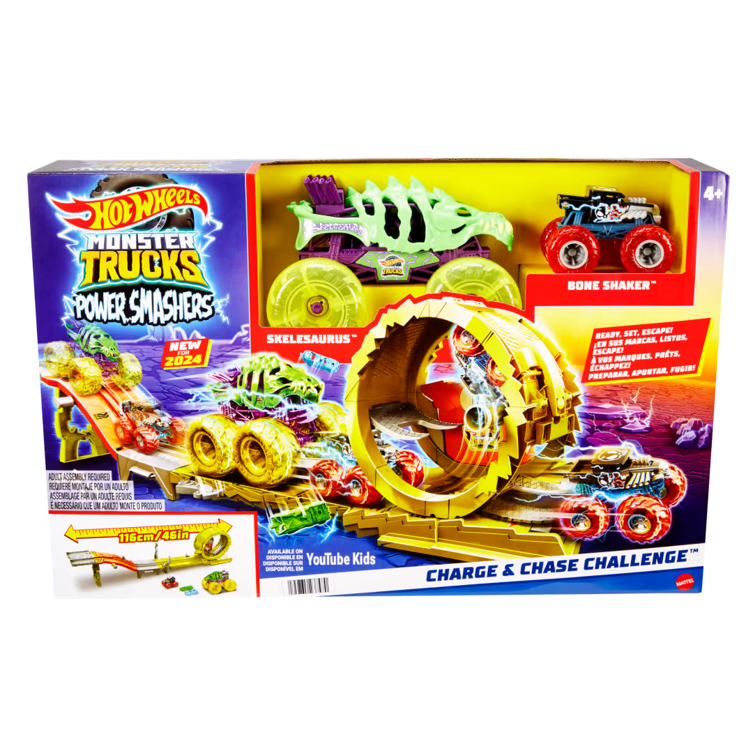 Hot Wheels Monster Trucks Power Smashers Charge & Chase Challenge Track Set With Oversized Skelesaurus, 1:64 Scale Bone Shaker & 2 Crushed Cars