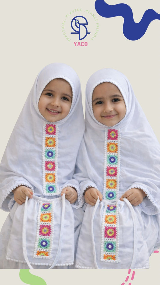 Kids Prayer Set with Crochet Detail and Bag - طقم صلاة للأطفال مع تطريز كروشيه وحقيبة