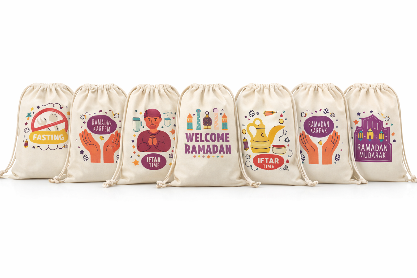 Set of 12 Ramadan Fabric Drawstring Pouches - مجموعة من 12 كيس قماشي رمضاني برباط
