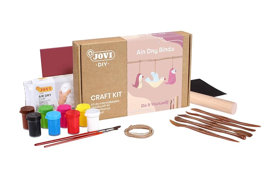 Jovi - DIY Air Dry Kit - Birds Hangers Gift Pottery Kit for Adults with White Air Dry Clay + Paints, Sculpting Tools, Step-by-Step Guide and Video Tutorial, Starter Set for Beginners (Birds)