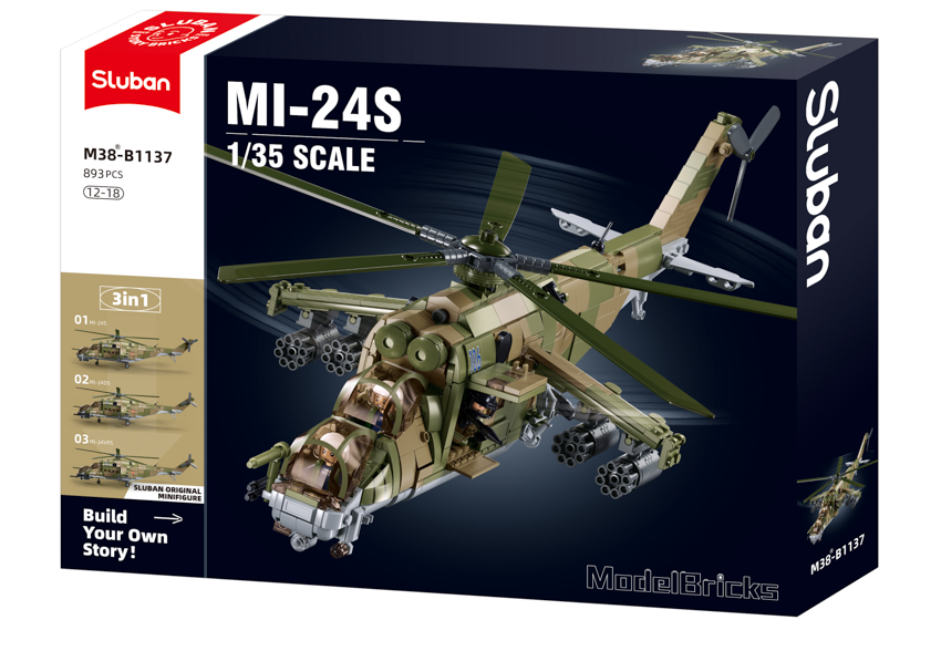 Sluban - Model Bricks - Mi-24S Gunship 3 In 1, 1/35 (893Pcs) - Age +12 | سلوبن - قطع التركيب - موديل بيريكس - طائرة الهجوم 3 في 1، 1/35 (893 قطعة) - العمر +12