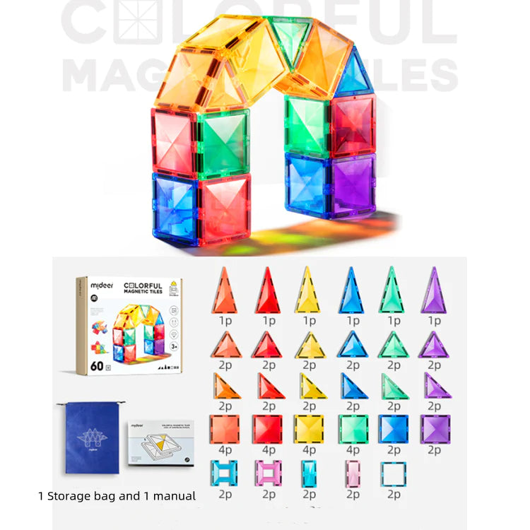 Mideer - Colorful Magnetic Tiles - 60 pcs - Age 3+ | ميدير - مكعبات تركيب مغناطيسية ملونة - 60 قطعة - العمر 3+