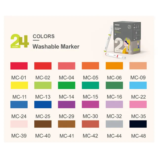 Mideer - Washable Marker Small tip - 24 colors - Age 3+ | ميدير - مجموعة الألوان المائية للأطفال القابل للغسل -24 لون - العمر 3+