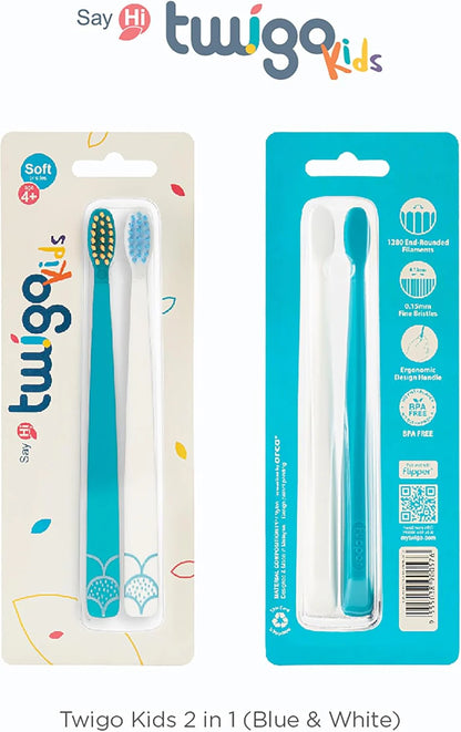 Toothbrush Flp Twigo Kids / Blue & White - 2pcs طقم فرشاة أسنان للأطفال Flipper Twigo – أزرق وأبيض (2 قطعة)