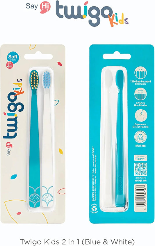 Toothbrush Flp Twigo Kids / Blue & White - 2pcs طقم فرشاة أسنان للأطفال Flipper Twigo – أزرق وأبيض (2 قطعة)