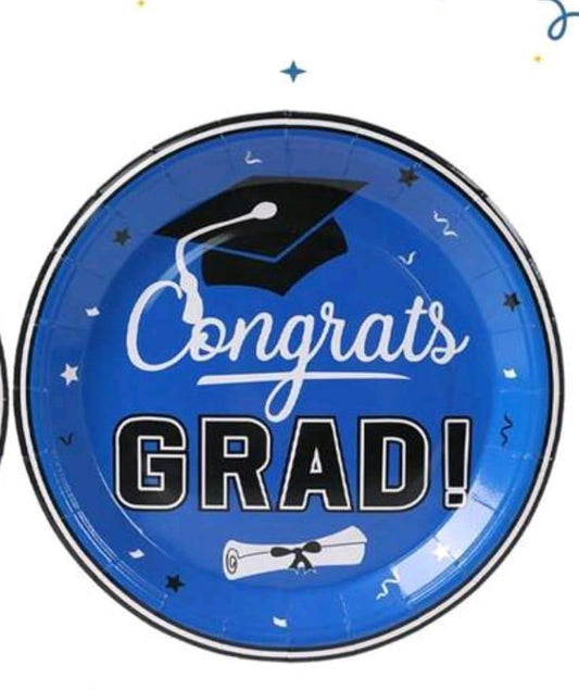 Paper Plate 8 PCS1 " Congrats grad" Blue  - 9 inch / 23 cm Premium Quality Disposable Party Plates, Elegant & Durable Design for Events صحن ورق 8 قطع تهنئة بالتخرج ازرق 9 /23 سم، صحون حفلات عالية الجودة للاستعمال مرة واحدة، تصميم أنيق ومتین للمناسبات