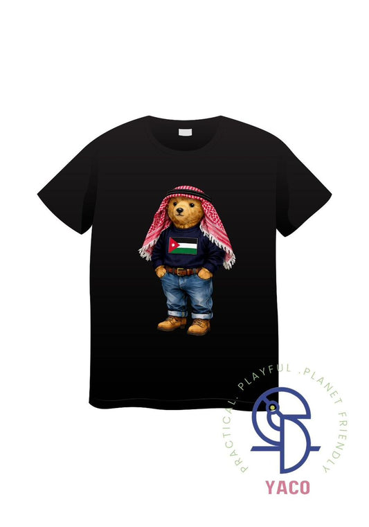 Jordan Independence Day Teddy Bear & Shemagh T-Shirt – Kids Cute National Edition | Premium Cotton Tee تيشيرت دبدوب أردني بشماغ – إصدار خاص بعيد الاستقلال | تيشيرت أطفال قطن فاخر