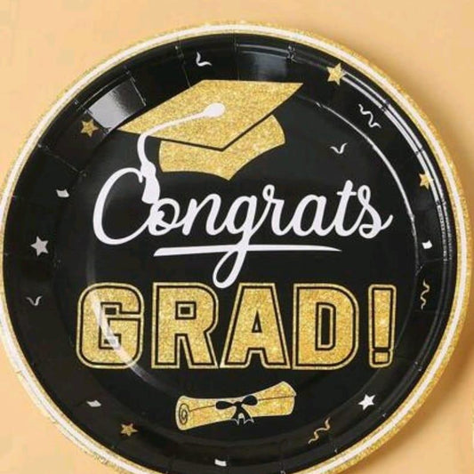Paper Plate 8 PCS1 " Congrats grad" Gold - 9 inch / 23 cm Premium Quality Disposable Party Plates, Elegant & Durable Design for Events صحن ورق 8 قطع تهنئة بالتخرج ذهبي 9 /23 سم، صحون حفلات عالية الجودة للاستعمال مرة واحدة، تصميم أنيق ومتین للمناسبات