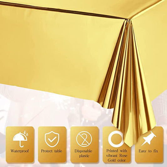 Foil Table Cover – 1 PCS, Gold, 137×183 cm Metallic Disposable Tablecloth, Waterproof Party Table Decoration مفرش طاولة فويل – قطعة واحدة، ذهبي ، قياس 137×183 سم، غطاء طاولة معدني مقاوم للماء للحفلات