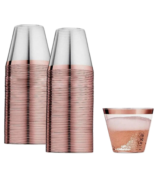 Plastic Cups with Rose Gold Rim – 25 PCS, Premium Disposable Party Cups كاسات بلاستيك بإطار روز جولد– 25 قطعة، كاسات حفلات عالية الجودة للاستعمال مرة واحدة