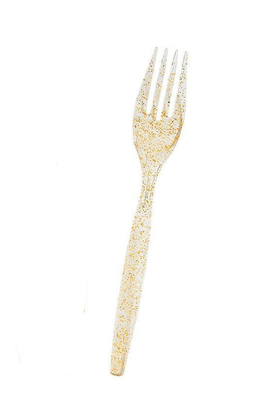 Gold Glitter Plastic Forks - large – 20 PCS, Disposable Party Cutlery, Elegant & Durable Design for Birthdays, Events & Celebrations شوك بلاستيك ذهبي حجم كبير – 20 قطعة، أدوات طعام للاستعمال مرة واحدة، تصميم أنيق ومتین للحفلات والمناسبات