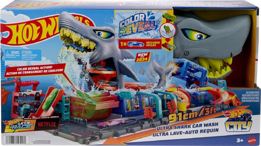 HW CITY SHARK CAR WASH محطة غسيل سيارات مع كشف الألوان 1:64