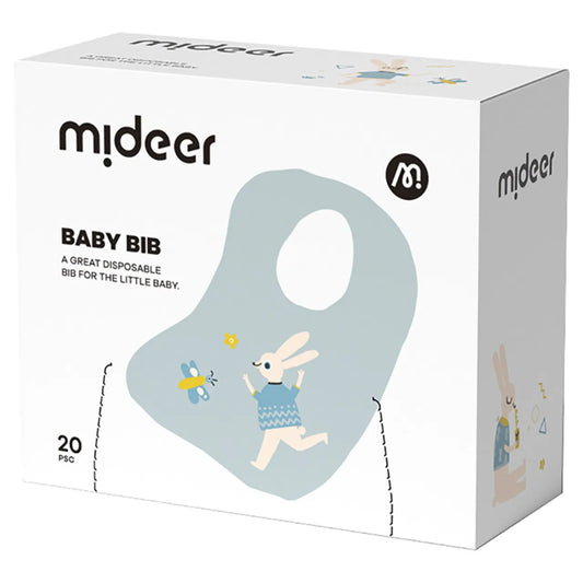Mideer - Disposable Baby Bib - Blue Bunny 20pcs - 3+ months | ميدير - مريلة أطفال للاستعمال مرة واحدة - الأرنب الأزرق - 20 قطعة - العمر 3 أشهر+